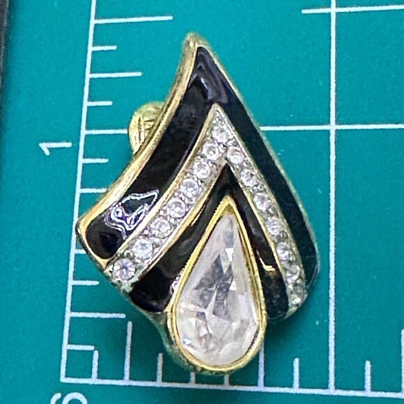 Vintage Monet black enamel gold crystal art deco triangle clip Earrings - Picture 5 of 6